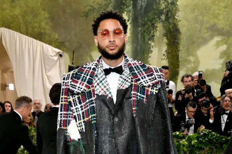 Ben Simmons attends the Met Gala in a custom Thom Browne suit and jacket on Monday.
