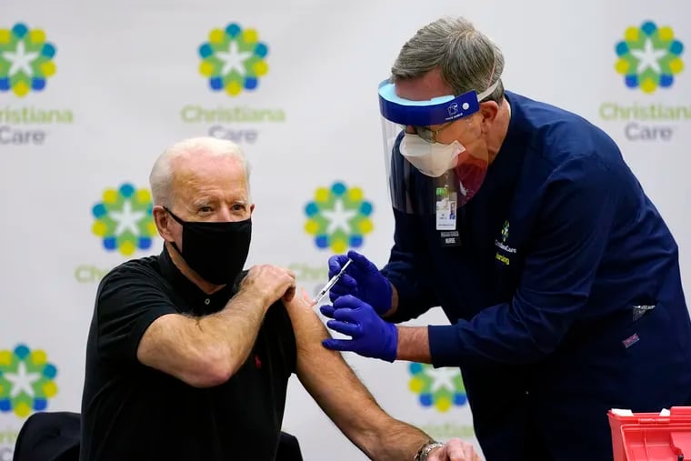 President-elect Joe Biden receives his second dose of the coronavirus vaccine at ChristianaCare Christiana Hospital in Newark, Del.