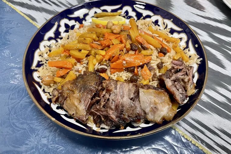 The richness of tender, slow-cooked beef infuses the signature rice platters of Uzbek pilaf that are available 24 hours a day at Plov House in Northeast Philadelphia. Carrots and raisins add sweetness.