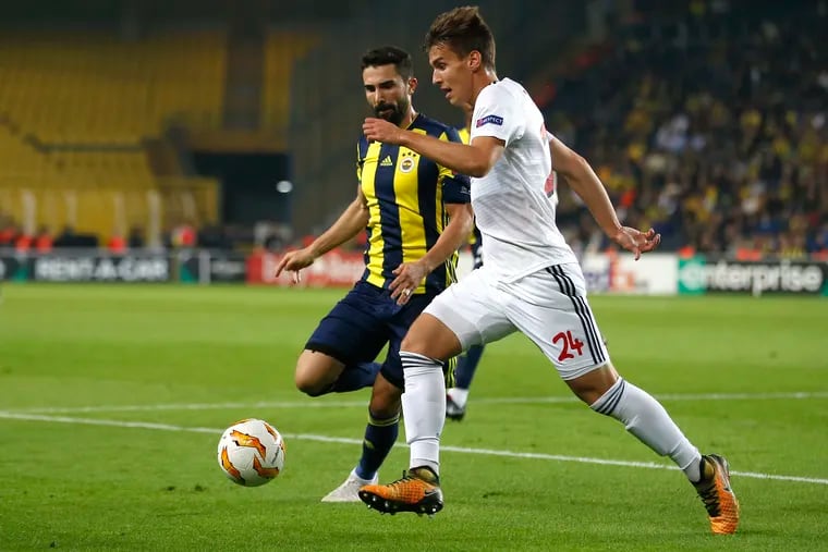 Matej Oravec (right) playing for Spartak Trnava in a UEFA Europa League game against Fenerbahce in October.