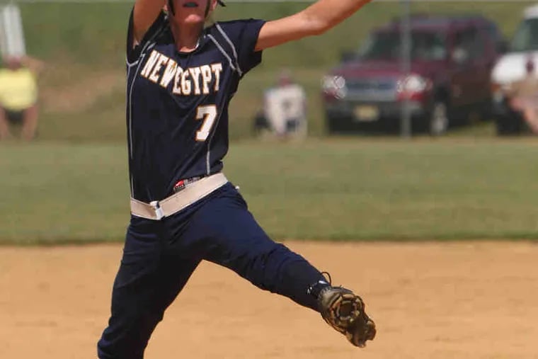 New Egypt's Emily Bausher winds up on the way to a two-hitter against Gloucester.