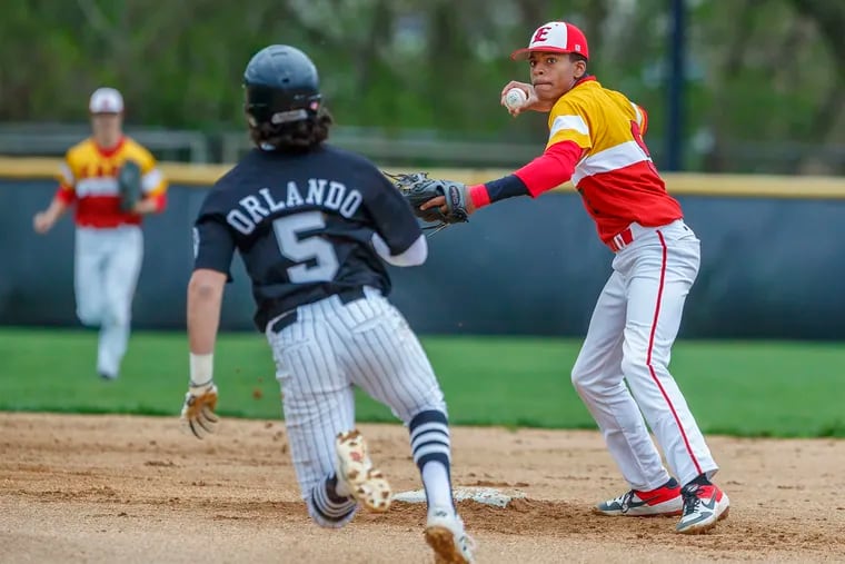 Cherry Hill East shortstop Alec Rodriguez (right, shown in a game earlier this season against Bishop Eustace) delivered a pair of RBI singles in a 7-2 win over Lenape in the first round of the South Jersey Group 4 tournament.
