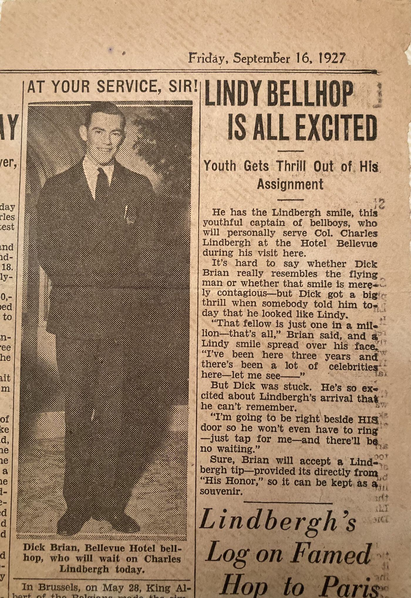 The "youthful captain of the bellboys" is written up in the San Francisco press. Richard Brian was chosen to personally serve Charles Lindbergh when the aviator stayed overnight during the celebratory national tour that followed his 1927 transatlantic flight.