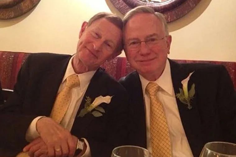 Joel Wind (left) and Alfred Munzer relax at their wedding luncheon. (David Lee Preston/Daily News Staff)