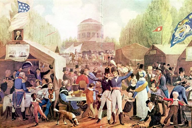 Independence Day Celebration in what is now Penn Square in 1819, by artist John Lewis Krimmel.  The painting includes depictions of a naval battle from the War of 1812, with the slogan “Don’t give up the ship,” and of the Battle of New Orleans.