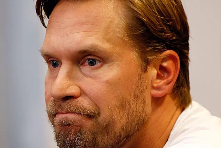 Kimmo Timonen pauses while discussing the blood clots that has affected his body. (Yong Kim/Staff Photographer)