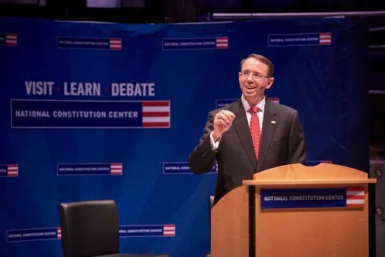 Deputy Attorney General Rod Rosenstein delivers an address at the U.S. Constitution Center as part of a celebration of the anniversary of the ratification of the Constitution Monday night.