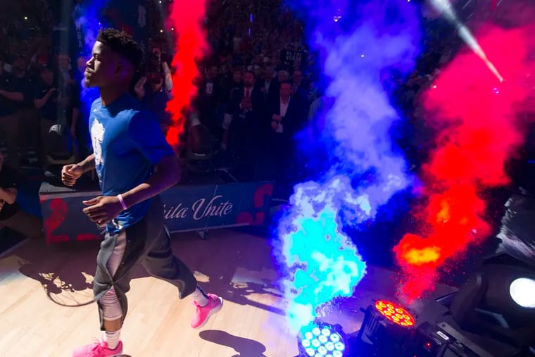 Jimmy Butler of the Sixers is introduced as part of the starting line-up against the Raptors during  NBA playoff game at the Wells Fargo Center on May 2, 2019.