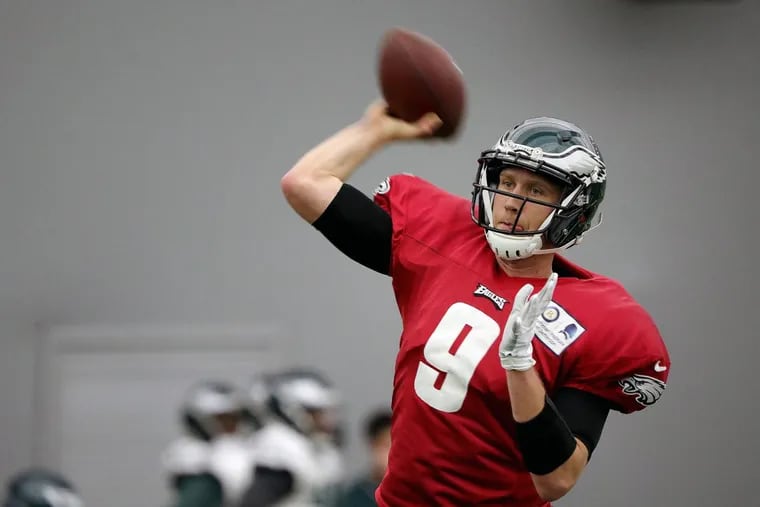 Eaglesâ€™ Nick Foles throws as the Philadelphia Eagles practice during the bye week in Philadelphia, PA on January 3, 2018. The Eagles will host a playoff game on Saturday, January 13.