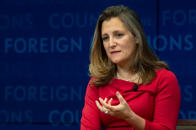 FILE - In this  Sept. 25, 2018 file photo, Canadian Foreign Affairs Minister Chrystia Freeland participates in a discussion at the Council on Foreign Relations in New York.  Freeland says China's detention of two Canadian citizens in apparent retaliation for the arrest of a top Chinese tech executive is a worrying precedent that has resonated with allies.  Freeland said Saturday, Dec. 22,  on a conference call with reporters that it's an issue that concerns partners around the world, and Canada will continue having discussions about it.   (Adrian Wyld/The Canadian Press via AP, File)
