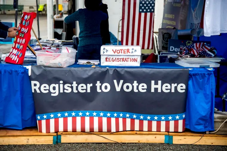 PMN CLIP ART – FOR USE AS DESIRED: Voter registration box at the Democratic party's booth at the 163rd Bloomsburg Fair September 25, 2018. Democrat voter vote register. TOM GRALISH / Staff Photographer