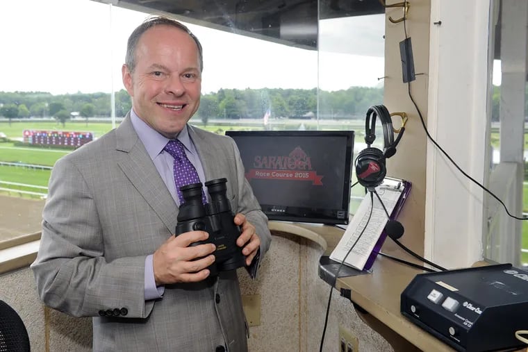 Larry Collmus, seen here in 2015 at Saratoga Race Course, will call his ninth-straight Kentucky Derby for NBC Saturday evening.