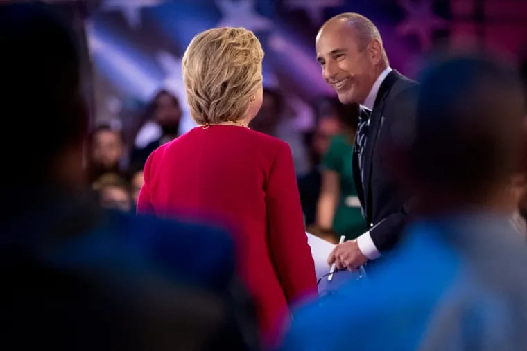 Democratic presidential candidate Hillary Clinton, left, takes the stage with former “Today” show co-anchor Matt Lauer, right, at the NBC Commander-In-Chief Forum in 2016.