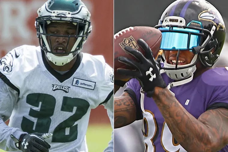 Eagles rookie Eric Rowe (left) and Ravens wide receiver Steve Smith (right).
