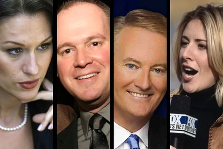The FBI is trying to find out whether e-mails between fired CBS3 news anchor Alycia Lane and NFL Network anchor Rich Eisen, second from left, were accessed illegally and leaked to the media by her co-anchor Larry Mendte, including the angry response to Lane by Eisen's wife, sports broadcaster Suzy Schuster, right.
