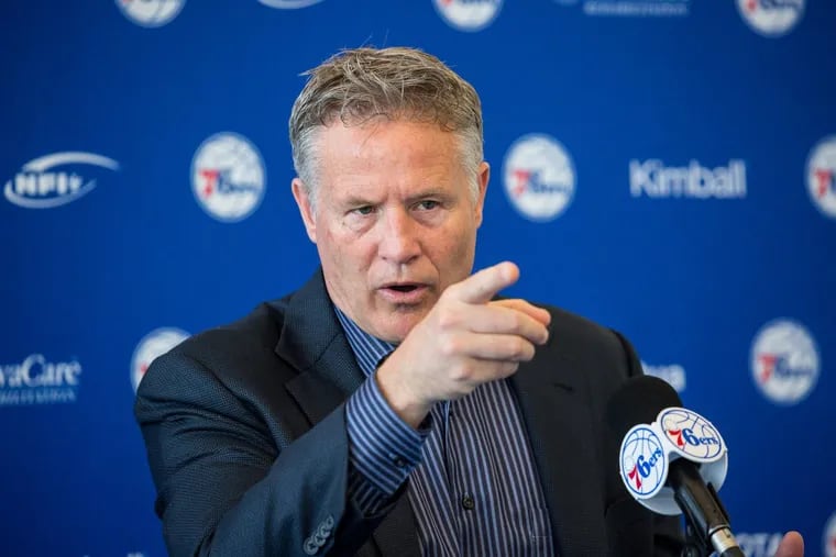 Sixers coach Brett Brown during a press conference at the Sixers practice facility in Camden, NJ, Friday, May 11, 2018.