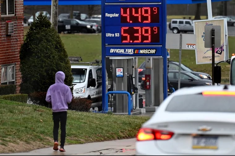 Gasoline was selling for $4.49 for self-serve regular unleaded and $5.39 for self-serve ultra 93 premium at a gas station at Henry Avenue and Walnut Lane on March 7, 2022. Prices of gasoline in the Philadelphia area are rising as Russia’s invasion of Ukraine continues to impact global energy prices. Last year this time, the average price of gasoline in and around the city was $2.99 a gallon. Prices for gasoline in Philadelphia are the highest average on record, topping the previous high of $4.16 per gallon in June 2008.