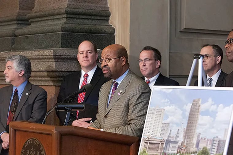 Mayor Michael Nutter held a press conference at city hall this morning to announce that the church plans to expand its building plans at 16th and Vine in Philadelphia Wenesday, February 12, 2014. Behind Mayor Nutter, left to right, is Alan Greenberger, Deputy Mayor for Economic Development and Director of Commerce, Michael Marcheschi, Real Estate Manager for the Mormon Church, Thomas King, Director of Investment Transactions for the Church, Architect Paul Whalen and City Council President Darrell Clarke.  ( Ed Hille / Staff Photographer)