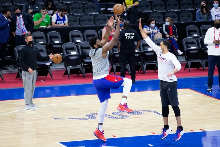 Joel Embiid shooting during a pregame workout Wednesday.