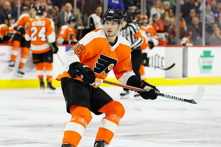 Flyers left wing Joel Farabee skates against the New York Islanders on Sunday, March 20, 2022 in Philadelphia.