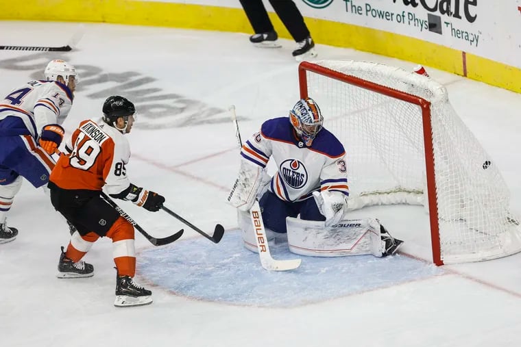Cam Atkinson scores on Oilers goalie Jack Campbell during the second period. Atkinson added another goal in the third.