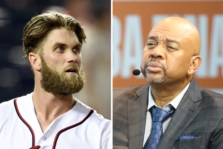 ESPN host Michael Wilbon (right) couldn't understand why Bryce Harper would want to sign with the Phillies, predicting the superstar would be booed "within three months."