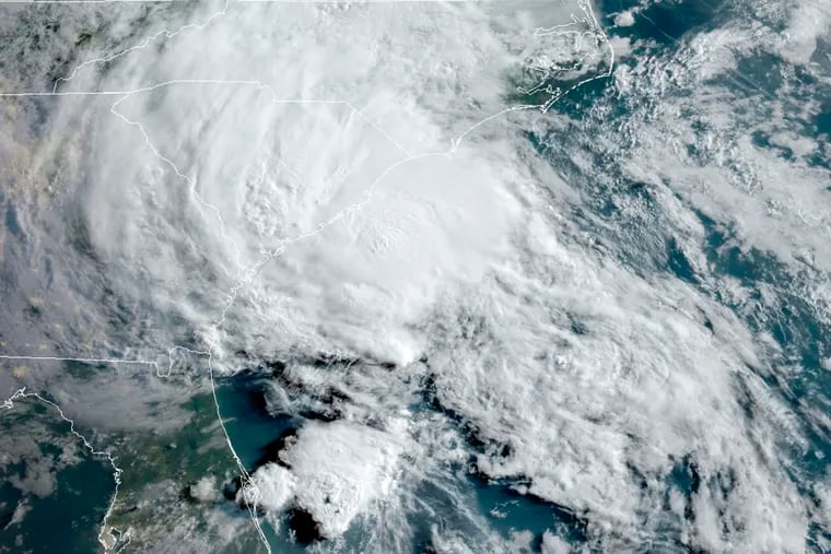 This GOES-16 satellite image taken Wednesday shows Tropical Storm Bertha approaching the South Carolina coast.