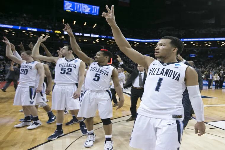 The Villanova team gestures towards their fans after they defeated Iowa on March 20, 2016, at the Barclays Center in Brooklyn in the 2nd round NCAA Tournament game. Jalen Brunson is right. Villanova will now advance to the Sweet 16 for the first time since 2009.