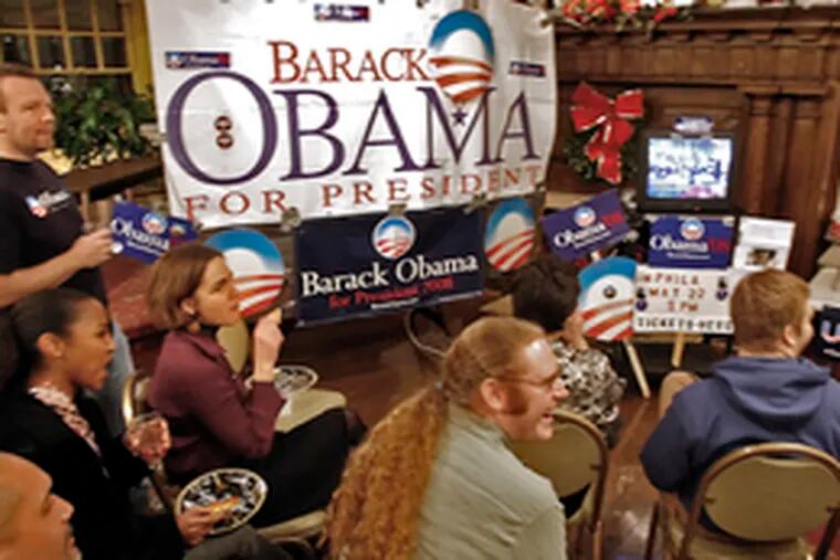 &quot;Philadelphia for Obama&quot; supporters gather last night at the Hospital Workers Union Hall on Locust Street to watch the Iowa caucuses.