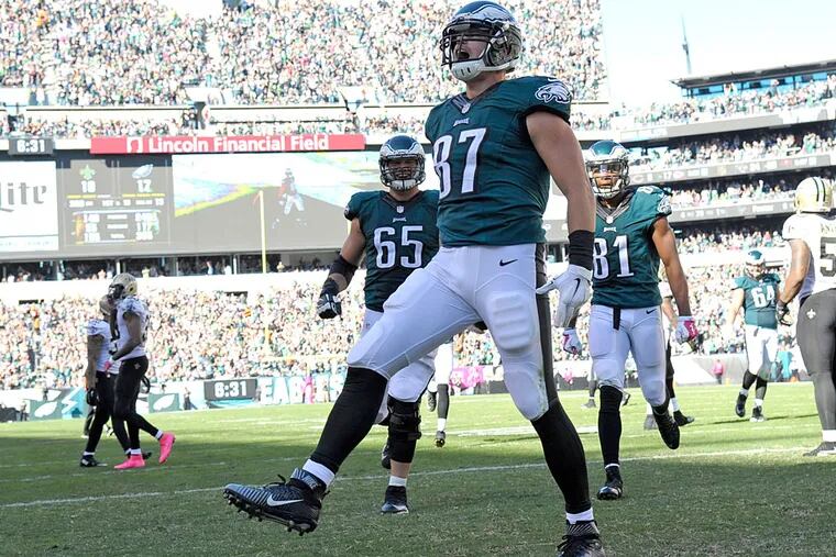 Philadelphia Eagles tight end Brent Celek (87) celebrates a 13-yard touchdown catch during the third quarter against the New Orleans Saints at Lincoln Financial Field.