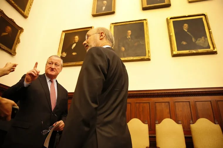 Mayor Kenney, left, and Gov. Wolf talk before the Mayor’s Task Force to Combat the Opioid Epidemic in Philadelphia presents its recommendations at City Hall in Philadelphia, PA on May 19, 2017. DAVID MAIALETTI / Staff Photographer