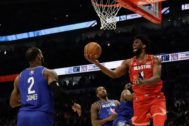 Joel Embiid of the Sixers  shoots during the second half of the NBA All-Star Game.