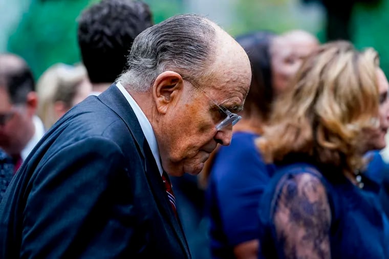 Former New York City Mayor Rudy Giuliani arriving at ceremonies to commemorate the 21st anniversary of the 9/11 terrorist attacks in September.