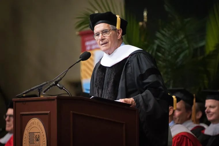 JENSEN20.Don DiJulia addresses graduates during commencement ceremonies for the Class of 2018 at St. Joseph's University in Philadelphia, Pa. on Saturday, May 19, 2018. DiJulia is retiring as athletic director for the university this year (TRACIE VAN AUKEN/ For the Inquirer).