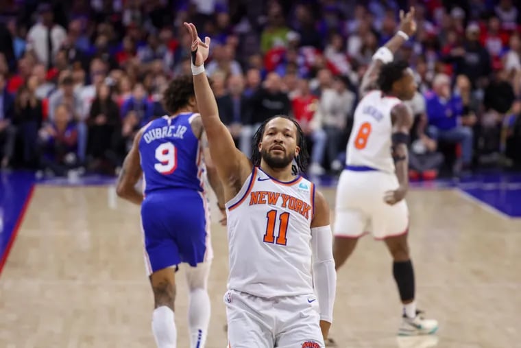The Knicks' Jalen Brunson celebrates a three-pointer in Game 3 of the first-round playoff series against the Sixers.