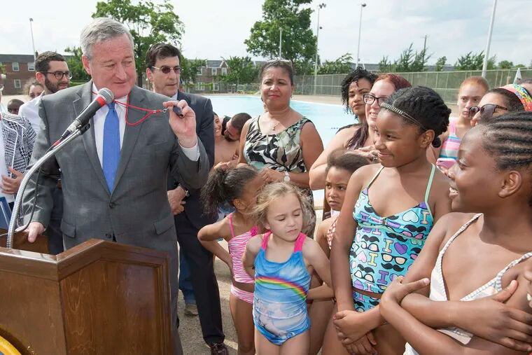 At Max Myers Rec Center in the Northeast, Mayor Kenney officially opens the city's pool season.