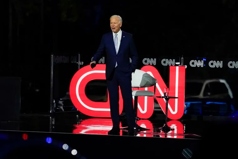 Democratic presidential nominee Joe Biden participates in a CNN town hall Thursday in Moosic, Pa.