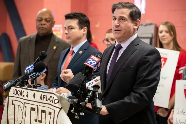 Senator Larry Farnese speaks in front of politicians, union members, teachers and parents gathered at the Cione Recreation Center for a press conference calling on Governor Wolf to declare a state of emergency over the asbestos crisis, in Philadelphia, Pa. on Thursday, February 13, 2020. Ten schools have been closed because of asbestos concerns.