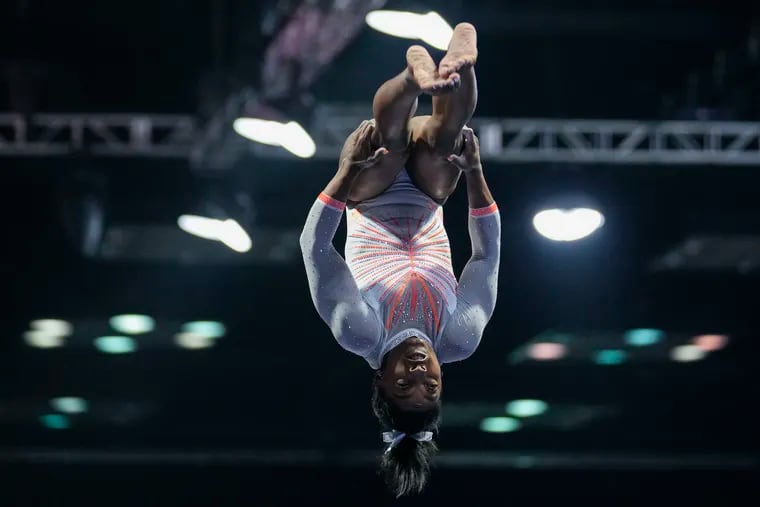 Simone Biles performs the Yurchenko double pike vault at the U.S. Classic gymnastics meet in Indianapolis in May