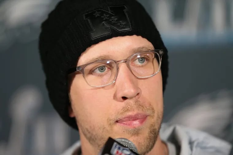 Philadelphia Eagle Nick Foles shown here during a Super Bowl press conference at the Super Bowl LII Media Center, in the Mall of America, in Bloomington, Minnesota, Tuesday, Jan. 30, 2018. DAVID MAIALETTI / Staff Photographer