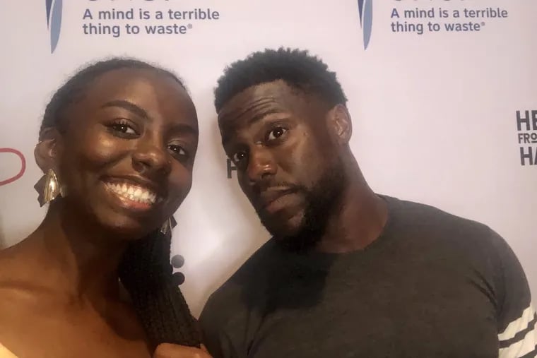 Casey Adams and Kevin Hart after the Philly-born comedian surprised Adams and five other Philadelphia students with college scholarships.