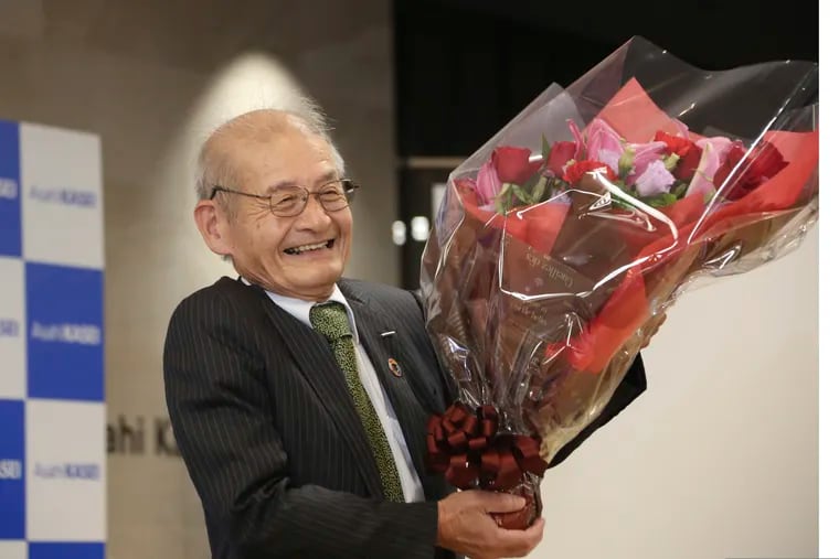Winner of Nobel Prize of Chemistry Akira Yoshino smiles during a press conference in Tokyo, Wednesday, Oct. 9, 2019. Yoshino is one of three scientists to have won this year's Nobel Prize in Chemistry for their contributions to lithium-ion batteries.