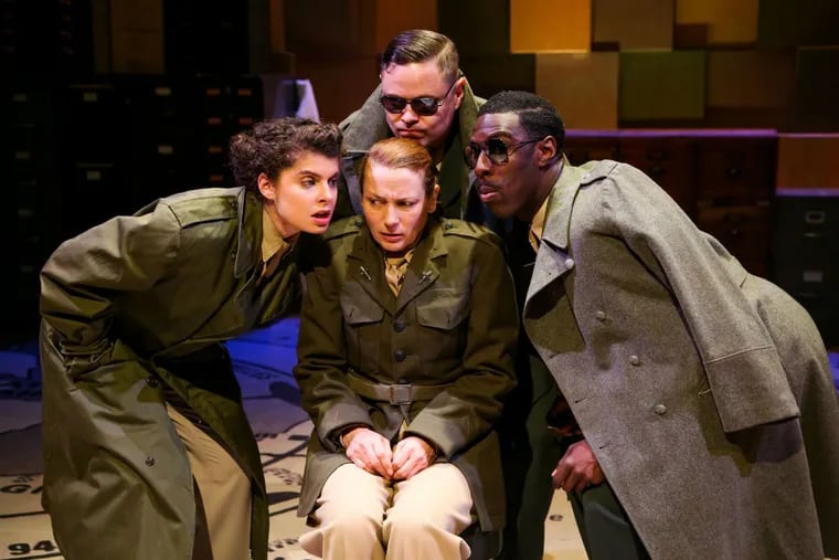 (Top center:) Doug Greene and (left to right:) Sarah Knittel, Aetna Gallagher, and Ashton Carter in “Catch-22,” through May 19 at the Curio Theatre Company.