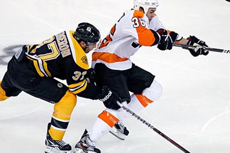 Zac Rinaldo was one of three rookies in the Flyers' rotation Thursday night against Boston. (Charles Krupa/AP)