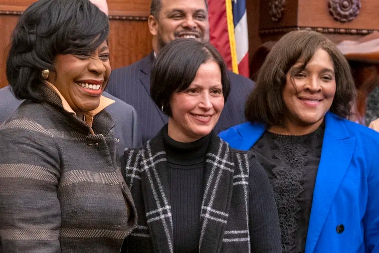 Mayor Cherelle L. Parker (left) announced she is splitting the city's streets and sanitation operations, which were previously both led by the Streets Commissioner. She appointed Kristin Del Rossi (center) to be streets commissioner and Crystal Jacobs Shipman (right) as sanitation commissioner.