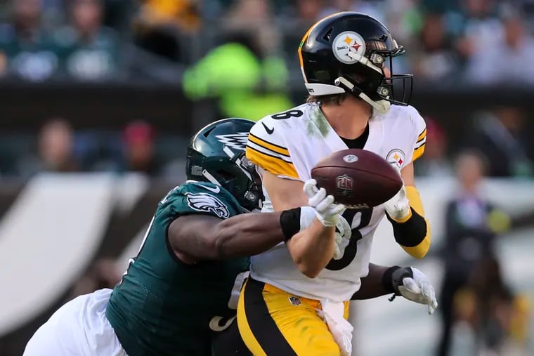 Kenny Pickett getting sacked by Eagles defensive tackle Javon Hargrave during a 35-13 Steelers loss on Oct. 30, 2022.
