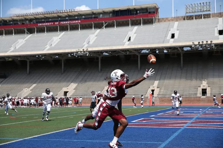 Temple’s Isaiah Wright reaches for a ball in the end zone as Temple University football holds a scrimmage at Franklin Field in Philadelphia, PA on Saturday.