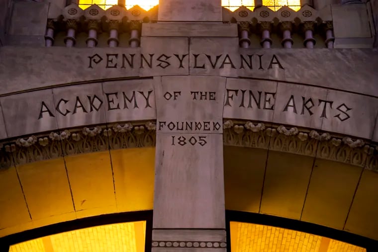 Details on front of the Gothic revival architecture of the Historic Landmark Building Pennsylvania Academy of the Fine Arts (PAFA) at 118 N. Broad St.