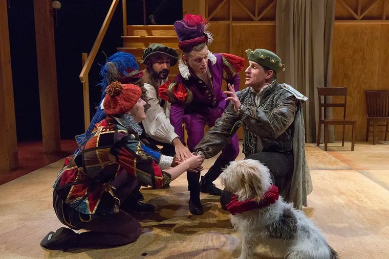 From left: Bailey Roper, Jahzeer Terrell, Maboud Ebrahimzadeh, Pax Ressler, Anthony Lawton, and Bobby Sheffield as Spot the dog in People's Light's "Shakespeare in Love," which has had its theatrical run cut short.