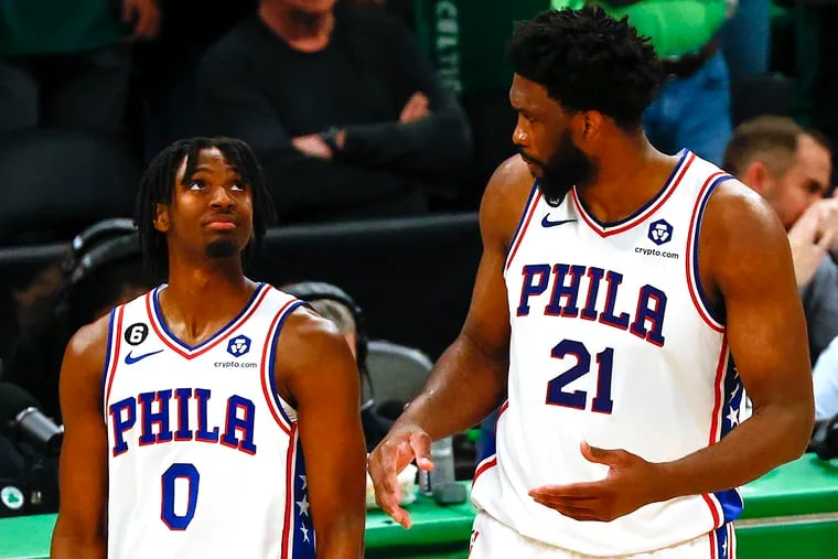 Tyrese Maxey (left) has scored 65 points in two games with just one turnover as James Harden's replacement at point guard. Joel Embiid thinks Maxey can be even better.